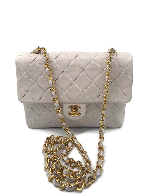 Chanel Vintage Square Classic Single Flap Bag Quilted Lambskin Mini Beige