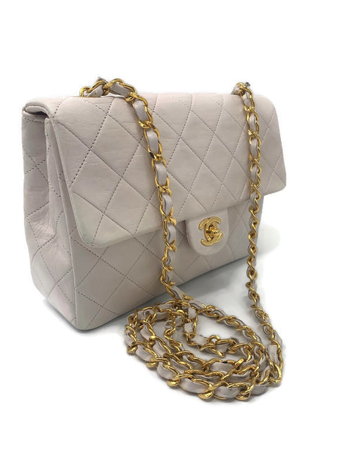CHANEL Classic Lambskin Chain Mini Square Flap Bag Ivory/gold
