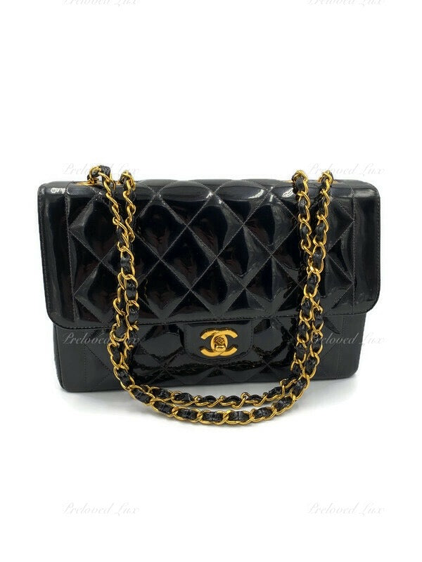 CHANEL Black Patent Leather Medium Diana Flap Crossbody Bag - Gold