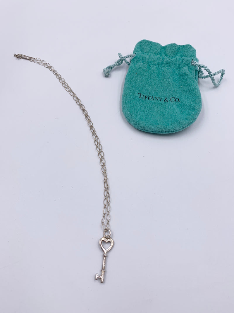 Sold-Tiffany & Co 925 Silver Heart Key Pendant with Necklace