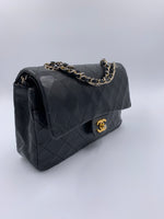 CHANEL Lambskin Double Chain Double Medium Flap Bag black gold hardware