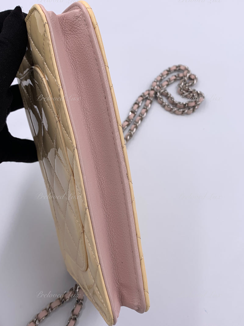 CHANEL Patent Leather Wallet-on-the-chain WOC Crossbody Flap Bag Beige /  Pink