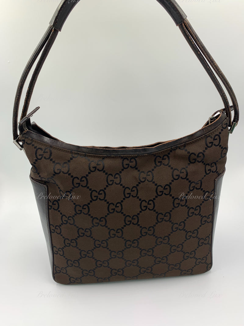 GUCCI GG Monogram Logo Dark Brown Nylon Shoulder Bag