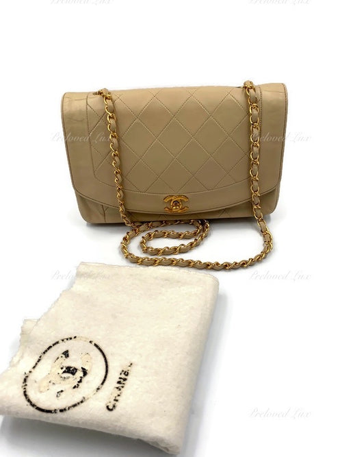 CHANEL Lambskin Medium Diana Single Chain Single Flap Bag Beige/gold