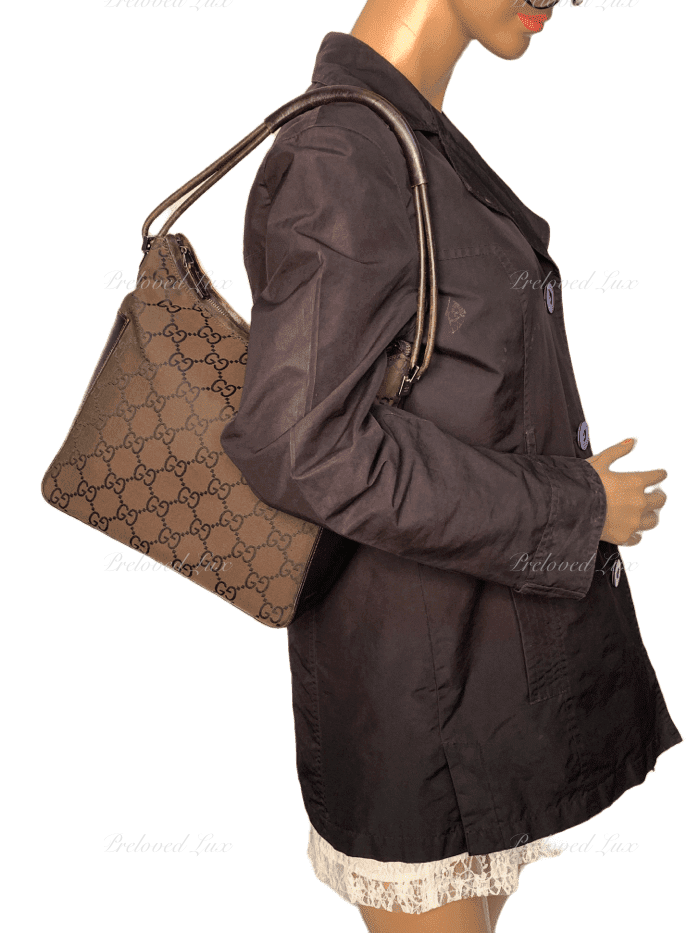 GUCCI GG Monogram Logo Dark Brown Nylon Shoulder Bag Preowned