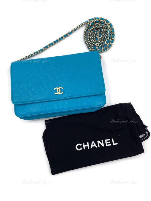 CHANEL Lambskin Camelia Wallet-on-the-chain WOC Crossbody Flap Bag - Blue