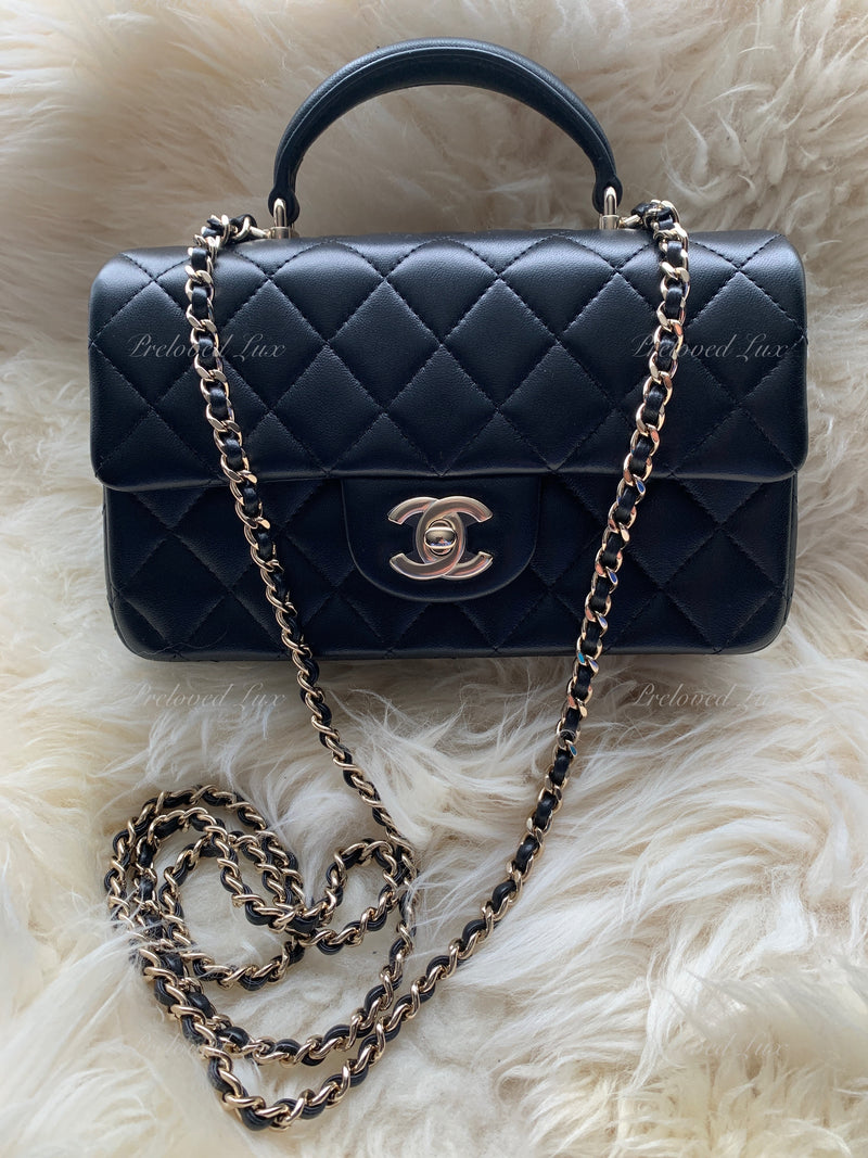 Sold-CHANEL Lambskin Mini Rectangular with Top Handle black/ Gold Hardware