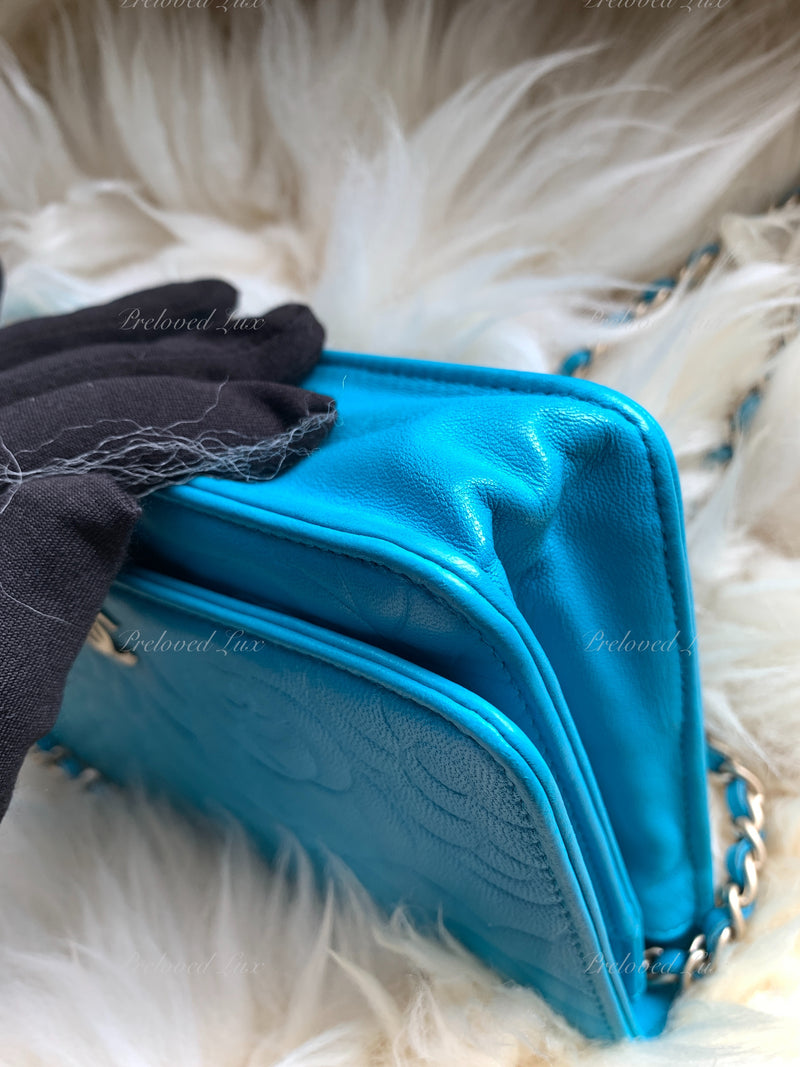 CHANEL O Case Chevron Leather Clutch Bag Blue