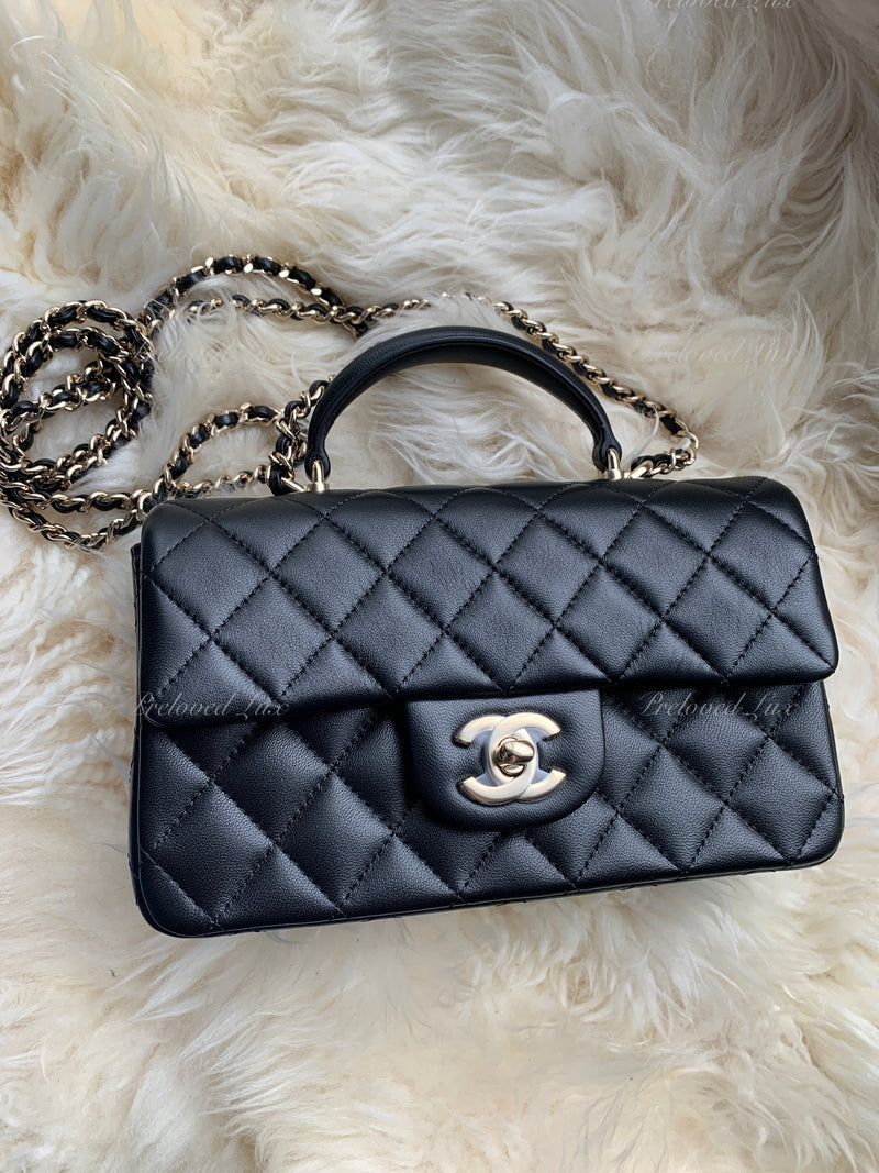 Sold-CHANEL Lambskin Mini Rectangular with Top Handle black/ Gold