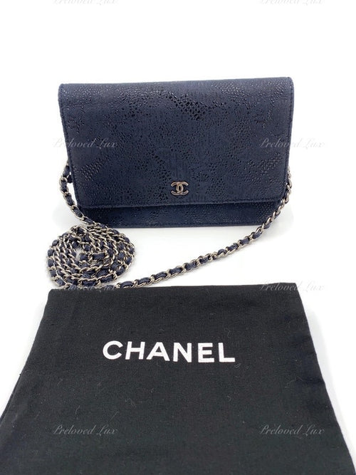 CHANEL Lace Embossed Goatskin Wallet-on-the-chain WOC Crossbody Flap Bag - Dark Navy Silver hardware