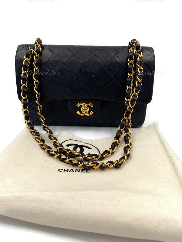 Chanel Classic Medium Vintage Double Flap Bag In Black Quilted Patent  Leather And 24K Gold-Plated Hardware