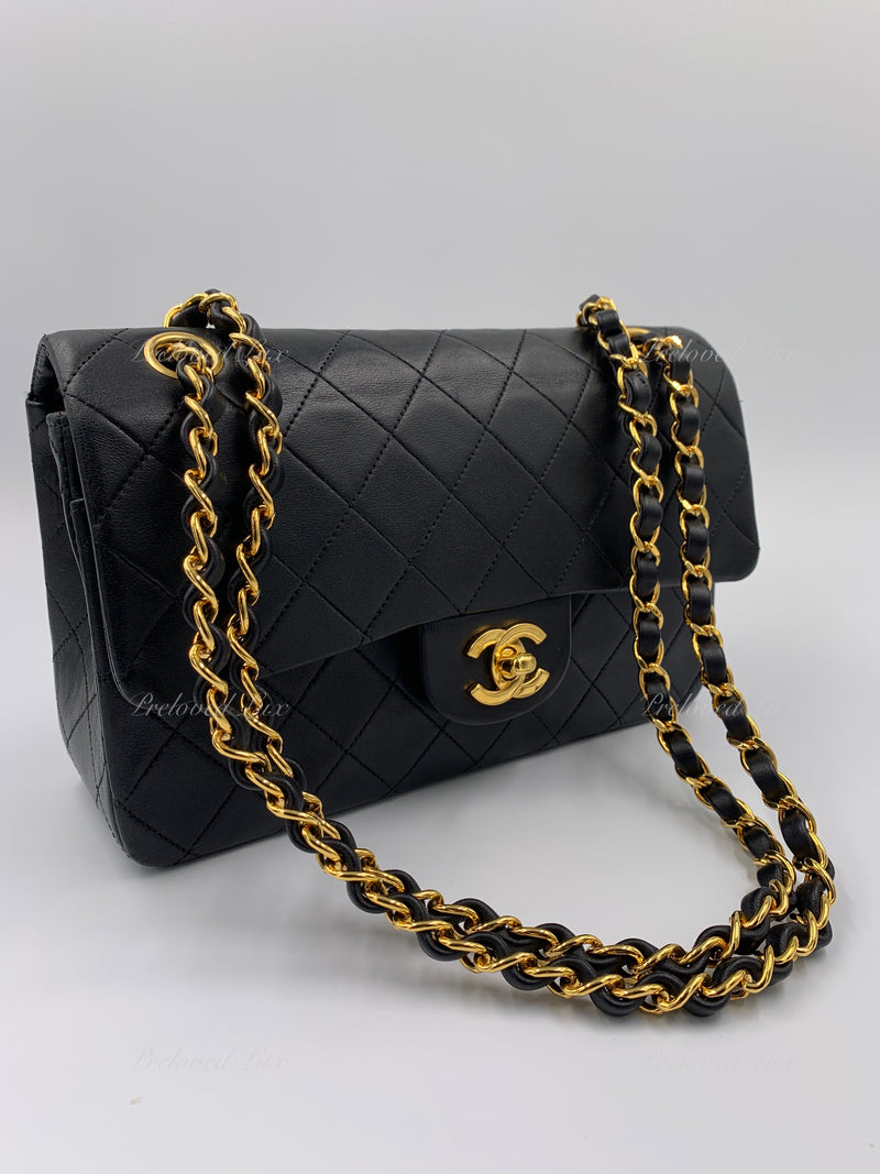 Chanel Vintage Lambskin Black Double Flap 24K Gold Hardware Bijoux Chain Bag  - Luxury Reborn
