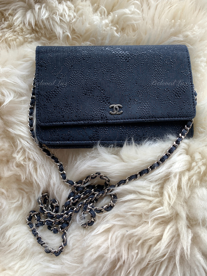 CHANEL Lace Embossed Goatskin Wallet-on-the-chain WOC Crossbody Flap Bag - Dark Navy Silver hardware