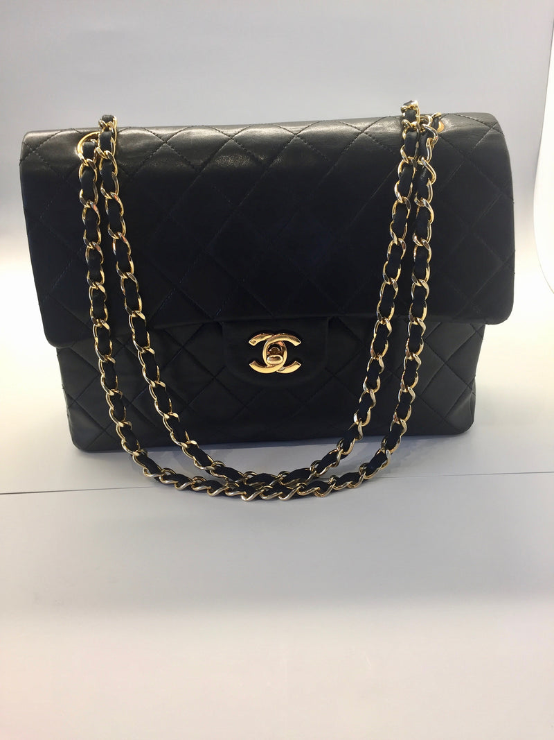 Chanel 1990 Vintage Black Square Mini Flap Bag 24k GHW Lambskin