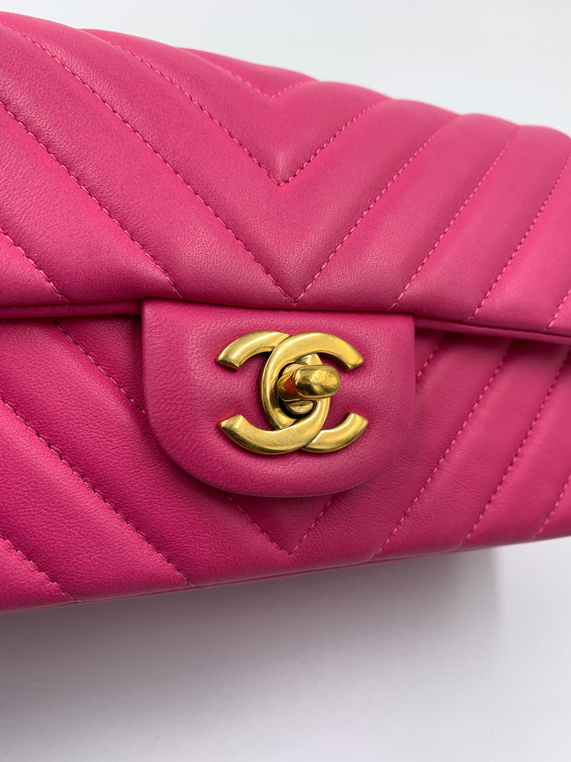 CHANEL Lambskin Chevron Mini Rectangle Pink with gold hardware