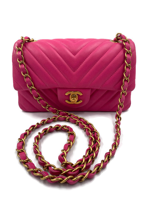 CHANEL Lambskin Chevron Mini Rectangle Pink with gold hardware - crossbody  - Preloved Lux Canada