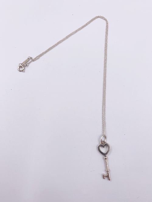 Sold-Tiffany & Co 925 Silver Heart Key Pendant with Necklace