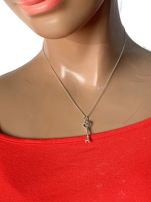 Sold-Tiffany & Co 925 Silver Heart Key Pendant with Necklace