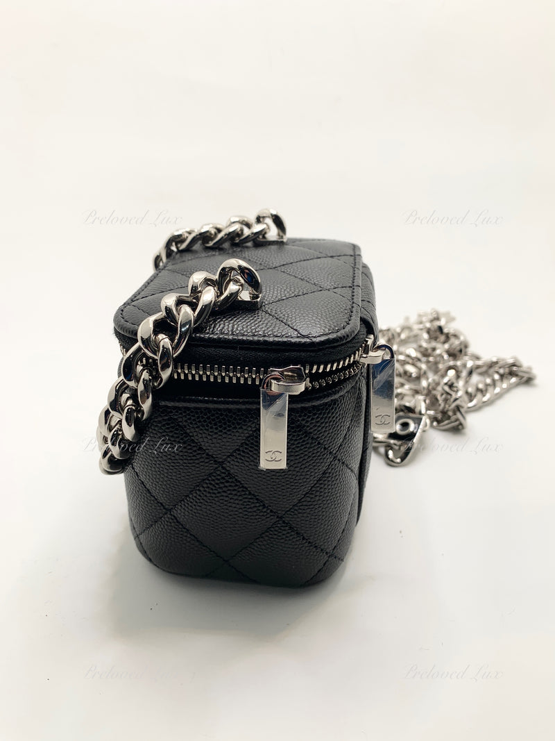 CHANEL Caviar Black Mini Vanity Case Coco Thick Chain Bag  Silver Hardware