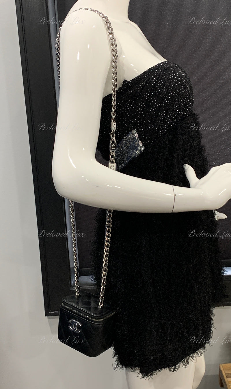 CHANEL Caviar Black Mini Vanity Case Coco Thick Chain Bag Silver