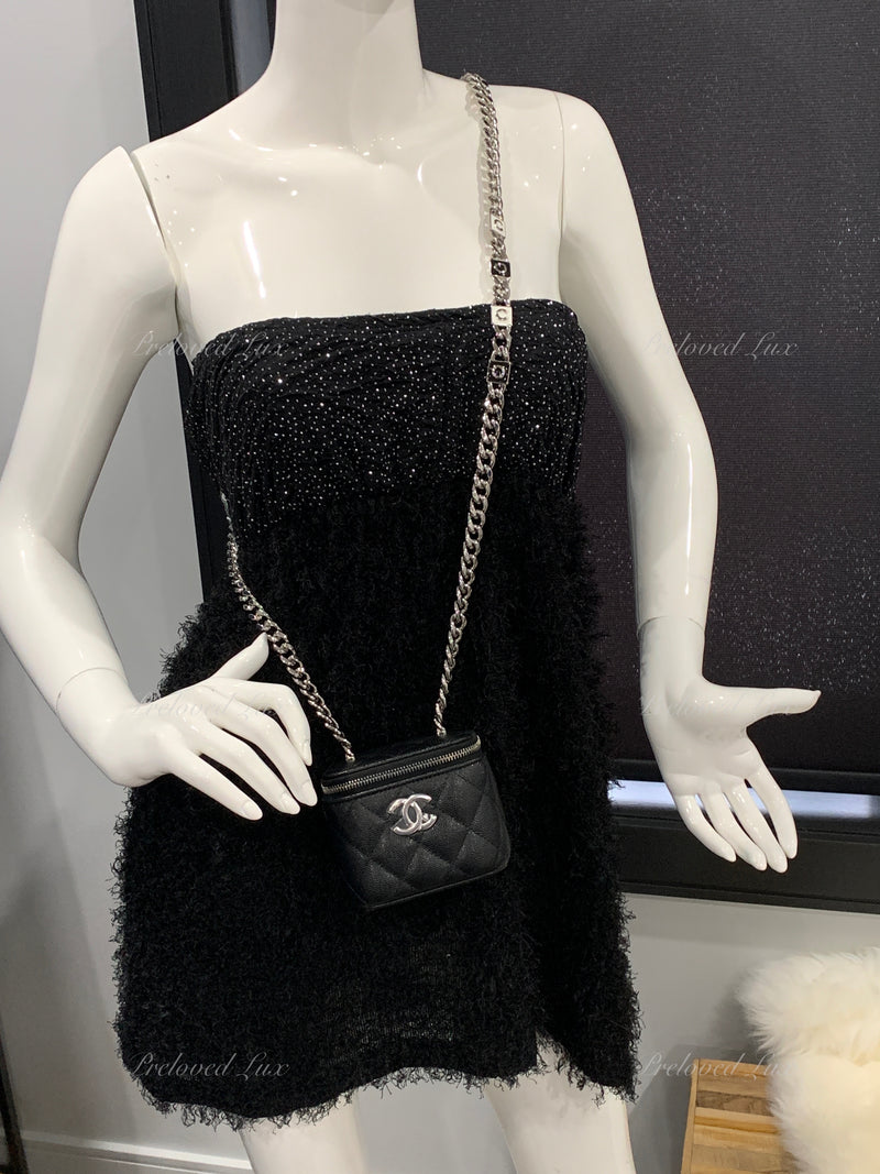CHANEL Caviar Black Mini Vanity Case Coco Thick Chain Bag Silver