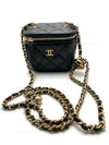 CHANEL Black Lambskin Leather threaded Pearl Crush Mini Vanity Case Chain Bag Gold Hardware