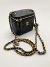 CHANEL Black Lambskin Leather threaded Pearl Crush Mini Vanity Case Chain Bag Gold Hardware