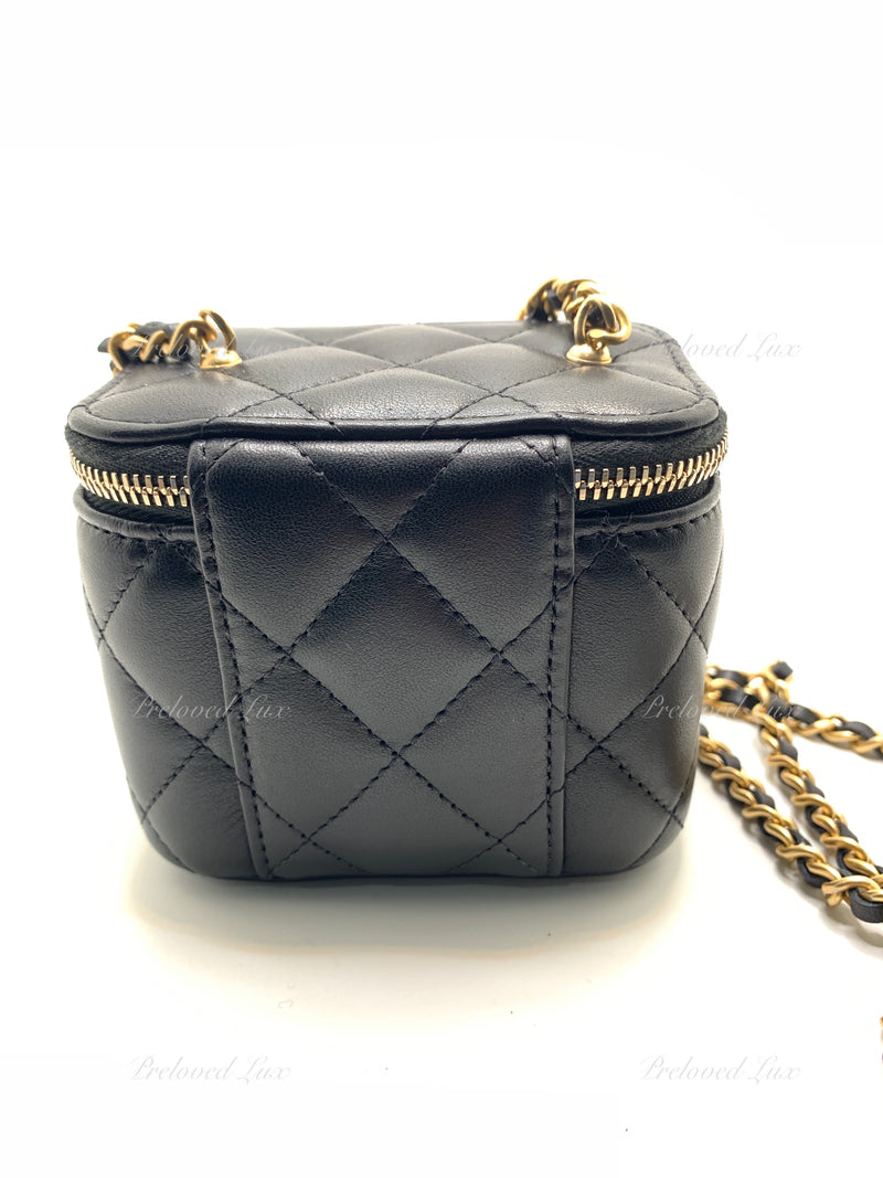 CHANEL Black Lambskin Leather threaded Pearl Crush Mini Vanity Case Chain Bag Gold Hardware