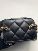 CHANEL Black Lambskin Leather threaded Pearl Crush Mini Vanity Case Chain Bag Gold Hardware