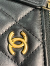 CHANEL Black Lambskin Leather threaded Pearl Crush Mini Vanity Case Chain Bag Gold Hardware