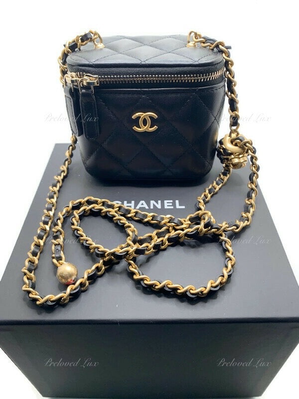 CHANEL Lambskin Quilted Top Handle Mini Vanity Case With Chain Black  1123959