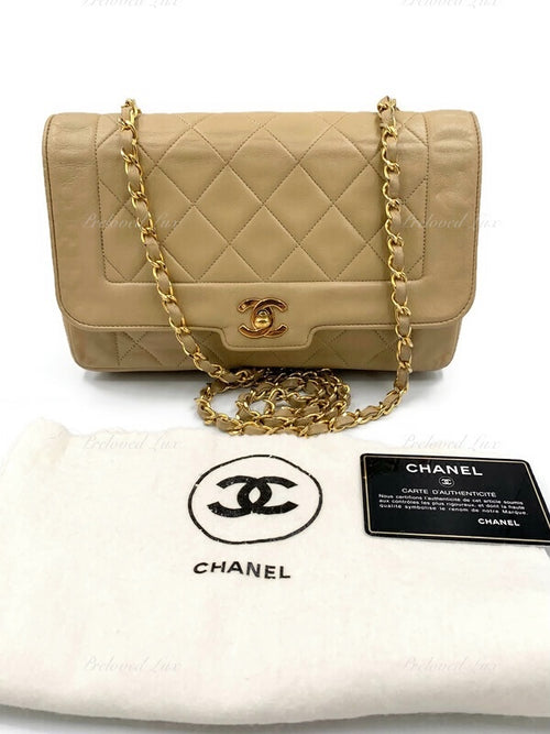 Sold-CHANEL Beige Vintage Lambskin Border Tab Diana Flap Crossbody Bag Gold hardware