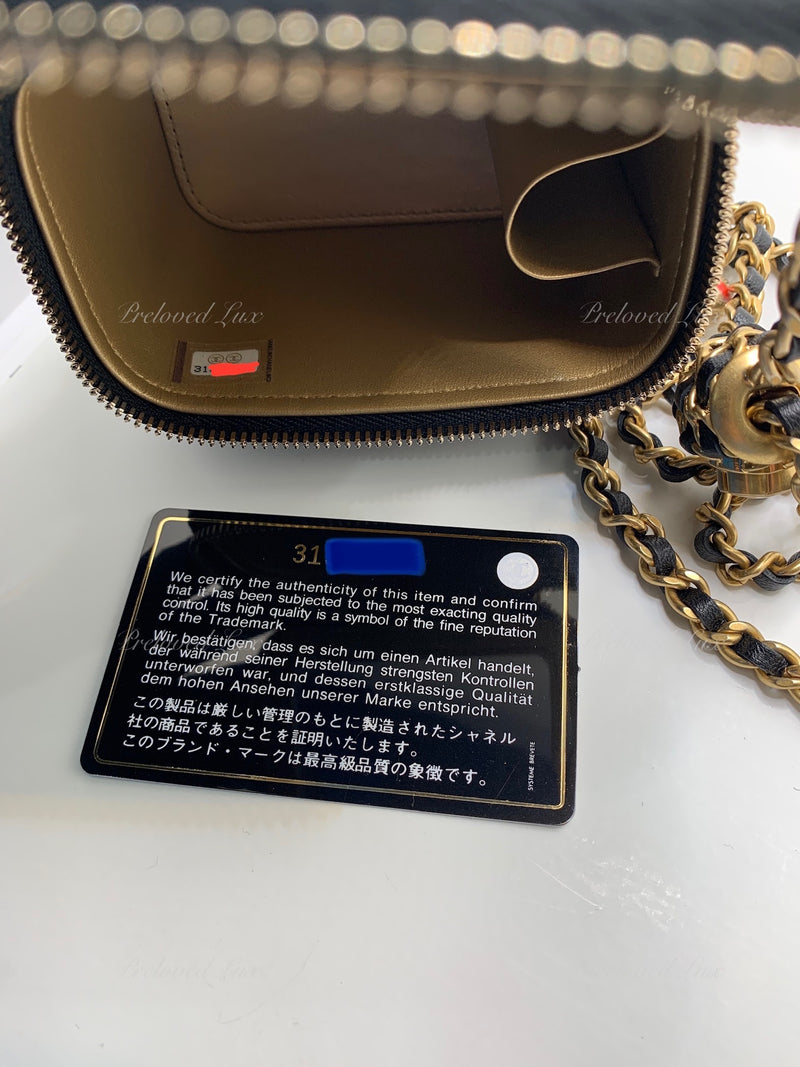 CHANEL Black Lambskin Leather threaded Pearl Crush Mini Vanity Case Chain Bag Gold Hardware