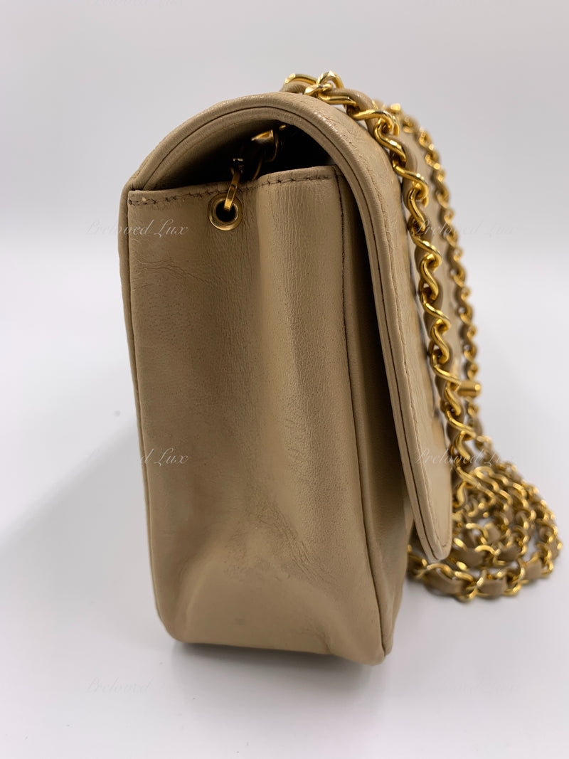 Sold-CHANEL Beige Vintage Lambskin Border Tab Diana Flap Crossbody Bag Gold hardware