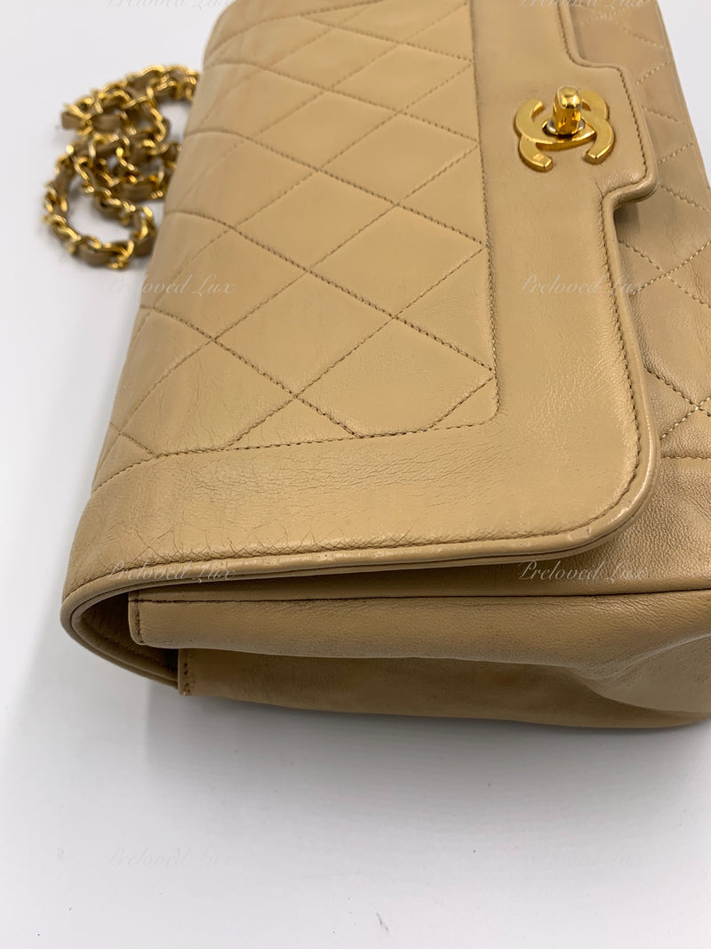 Sold-CHANEL Beige Vintage Lambskin Border Tab Diana Flap Crossbody Bag Gold hardware