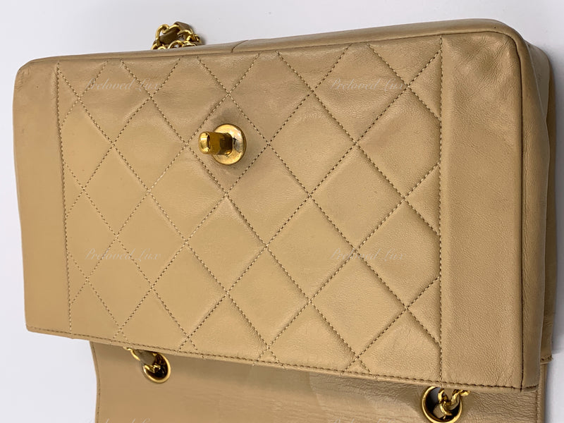 Sold-CHANEL Beige Vintage Lambskin Border Tab Diana Flap Crossbody Bag Gold hardware