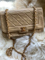 Sold-CHANEL Beige Vintage Lambskin Border Tab Diana Flap Crossbody Bag Gold hardware