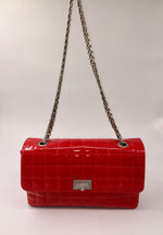 Sold-CHANEL Patent Leather Chocolate Bar Flap Bag red/silver