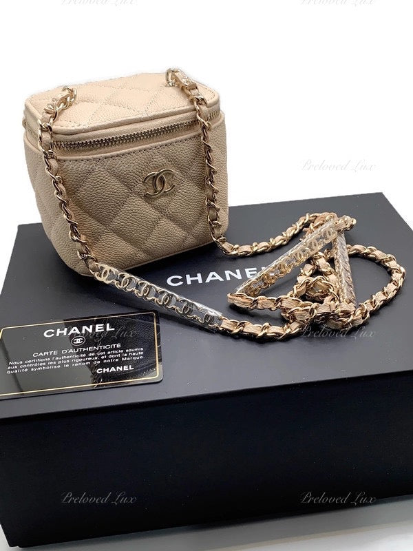 Chanel Mini Purse With Chain Dark Beige Caviar –