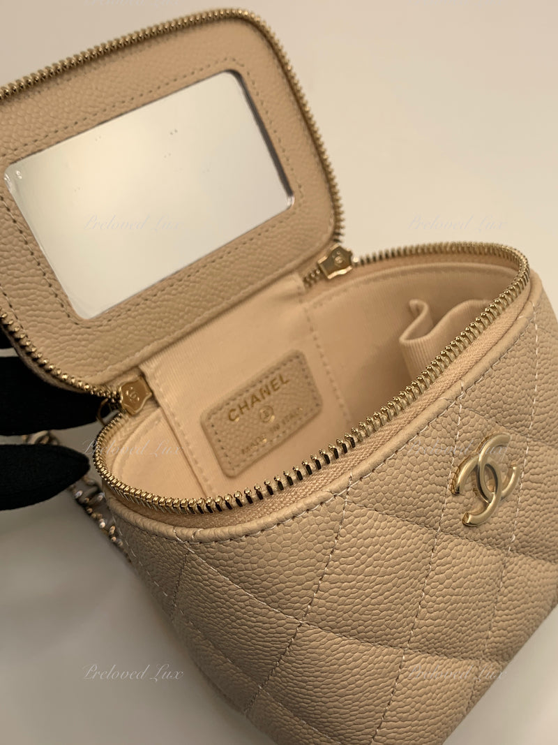 CHANEL Caviar Beige Mini Square Vanity Case CC Chain Bag Gold Hardware