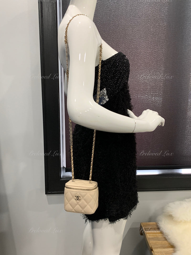 CHANEL Caviar Beige Mini Square Vanity Case CC Chain Bag Gold