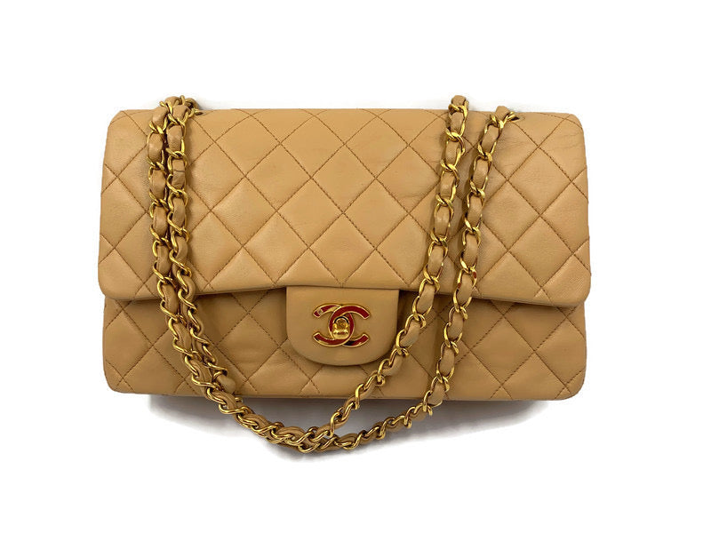 CHANEL Classic Lambskin Double Chain Double Flap Medium Shoulder Bag- beige 24k  gold plated - gold hardware - Preloved Lux Canada