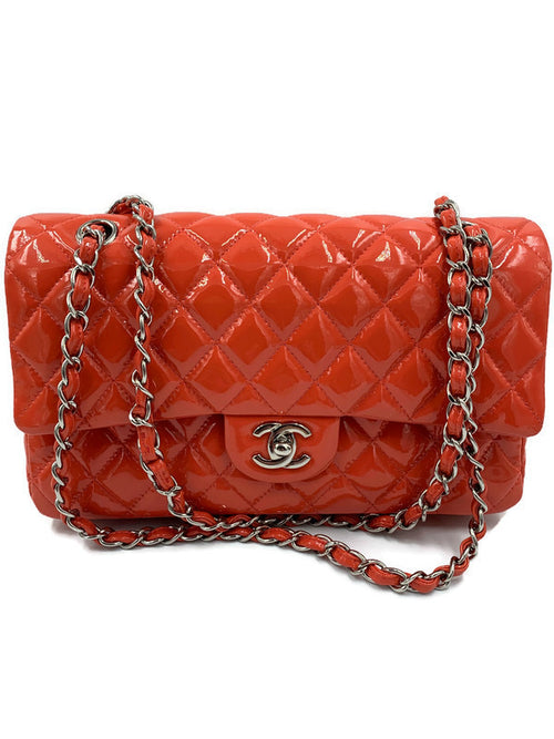 CHANEL Classic Double Chain Double Flap Medium Shoulder Bag- Pink Color Silver Hardware Patent Leather