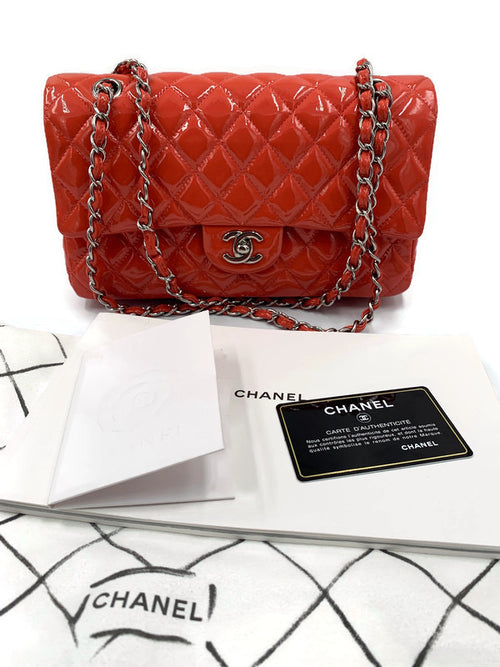 CHANEL Classic Double Chain Double Flap Medium Shoulder Bag- Pink Color Silver Hardware Patent Leather