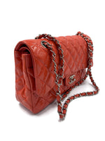 CHANEL Classic Double Chain Double Flap Medium Shoulder Bag- Pink Color Silver Hardware Patent Leather