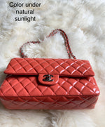 CHANEL Classic Double Chain Double Flap Pink Medium Shoulder Bag- Silver Hardware - Patent Leather