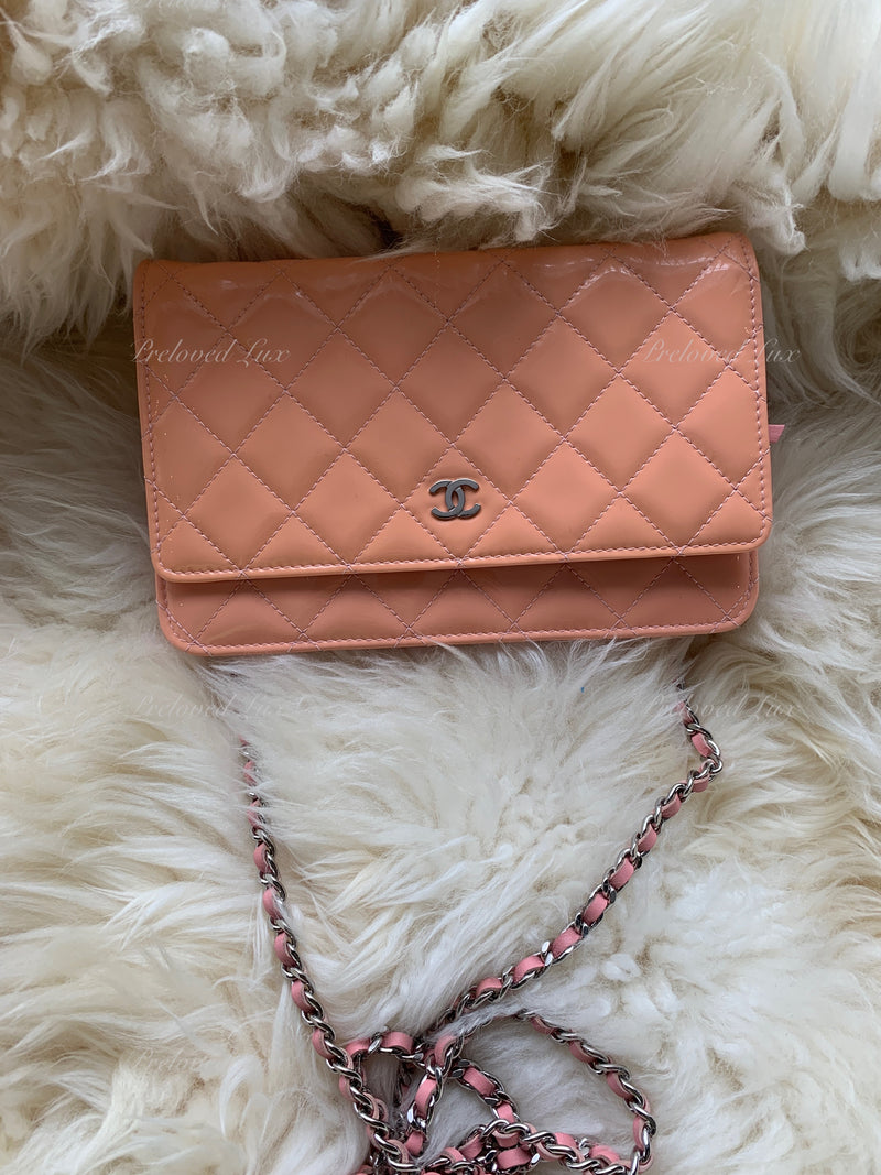 CHANEL Patent Leather Wallet-on-the-chain WOC Crossbody Flap Bag - Peach / pink