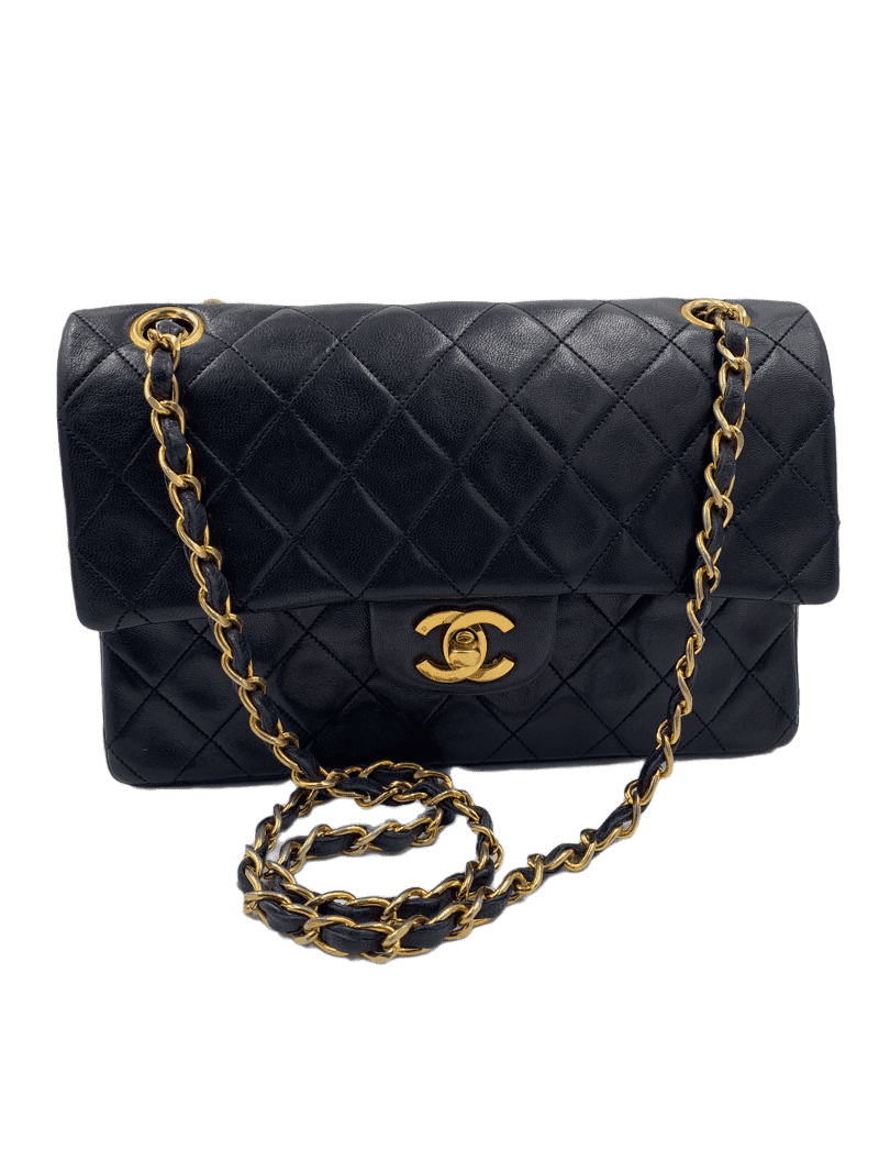 CHANEL Lambskin Small Classic Double Flap Bag Black Gold hardware Vintage