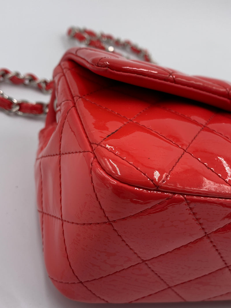 Sold-CHANEL Classic Mini Rectangular Red Shoulder Bag- Silver Hardware Patent Leather