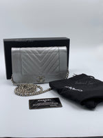 Sold-CHANEL Silver Calfskin Chevron Wallet-on-the-chain WOC Crossbody Flap Bag